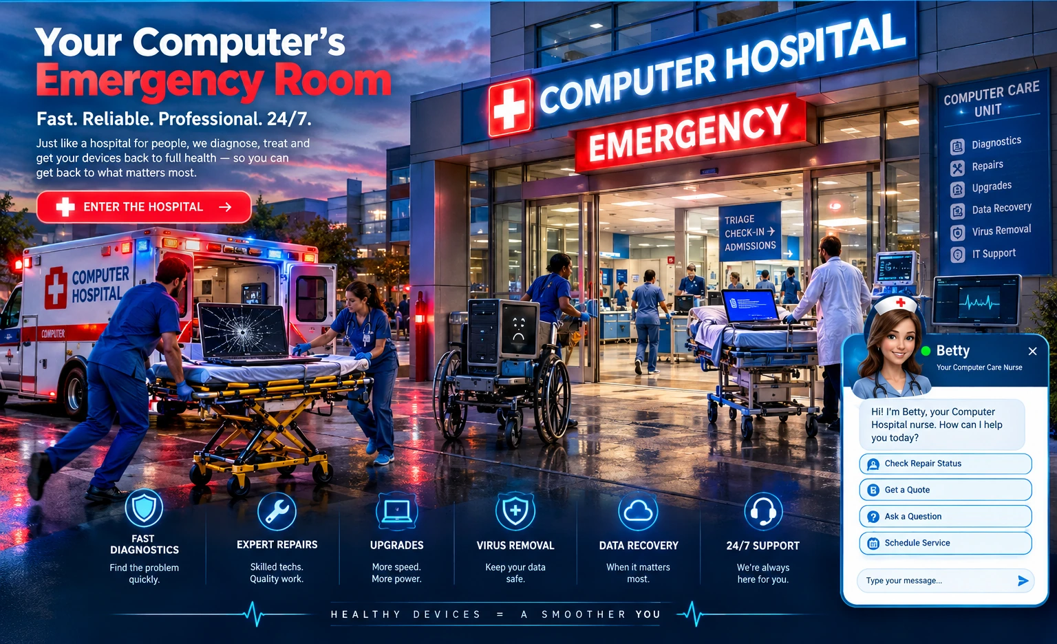 Florida Computer Hospital emergency entrance: a computer ambulance brings a damaged laptop to a hospital where technicians treat computer patients, with diagnostic and repair services available around the clock.